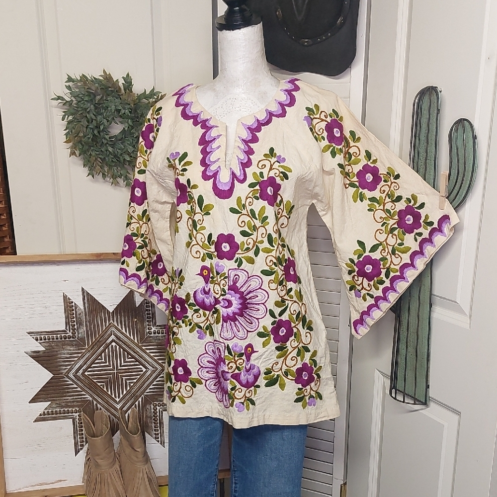 Vintage 70s Peacock Tunic, Purple, Angel Wing, Hippie, Boho - Picture 8 of 16